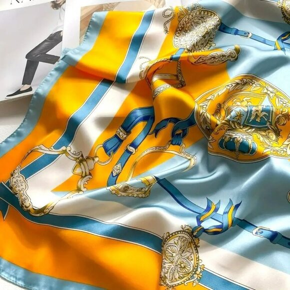 NWT - Elegant Orange-Blue Altar Print Square Scarf (SKU 0280) - Picture 5 of 8